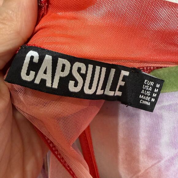 Capsulle Red Summer Heat Print Mesh Ruched Midi Bodycon Dress Sz M - Picture 5 of 14